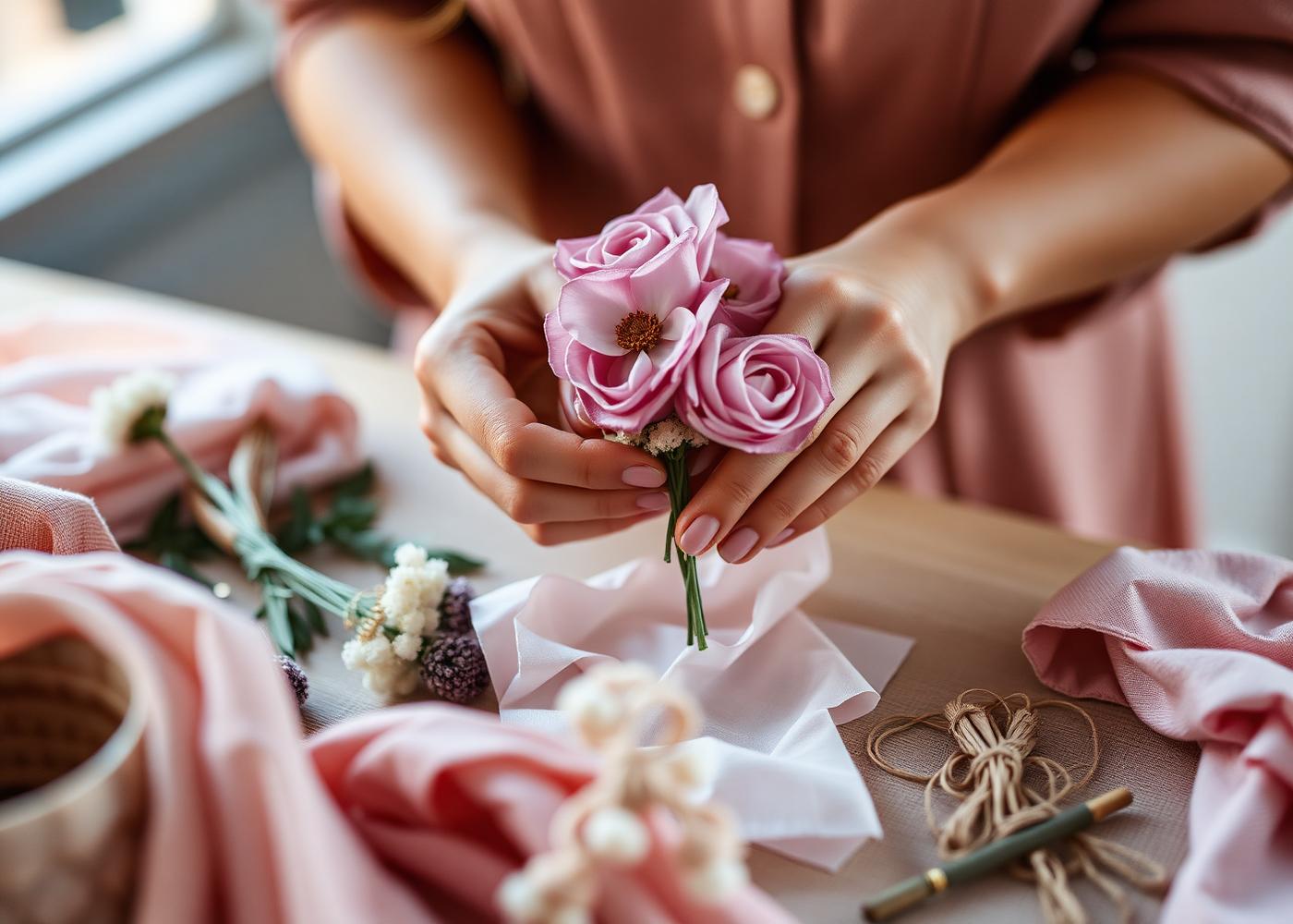 Hands arranging silk roses with linen ribbons